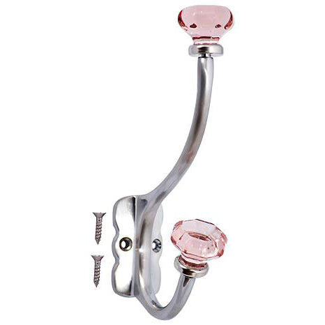 Copper Mountain Hardware 7 Inch Solid Brass Coat Hook & Old Town Pink Glass Knobs (Polished Chrome Finish)