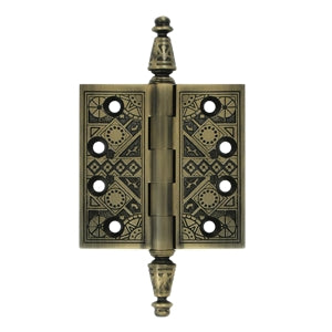 DELTANA 3 1/2 X 3 1/2 Inch Solid Brass Ornate Finial Style Hinge (Antique Brass Finish)