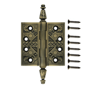 DELTANA 3 1/2 X 3 1/2 Inch Solid Brass Ornate Finial Style Hinge (Antique Brass Finish)