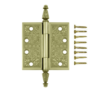 DELTANA 4 X 4 Inch Solid Brass Ornate Finial Style Hinge (Unlacquered Brass Finish)